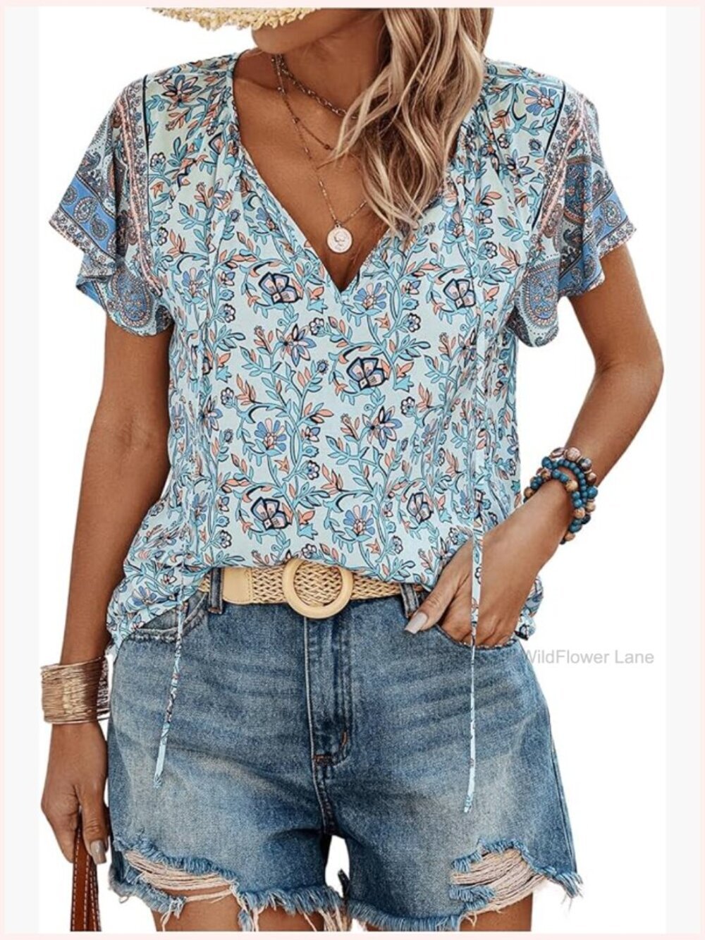 Boho Floral Tie Neck Top Ruffle Sleeve Asymmetrical Hem Blouse